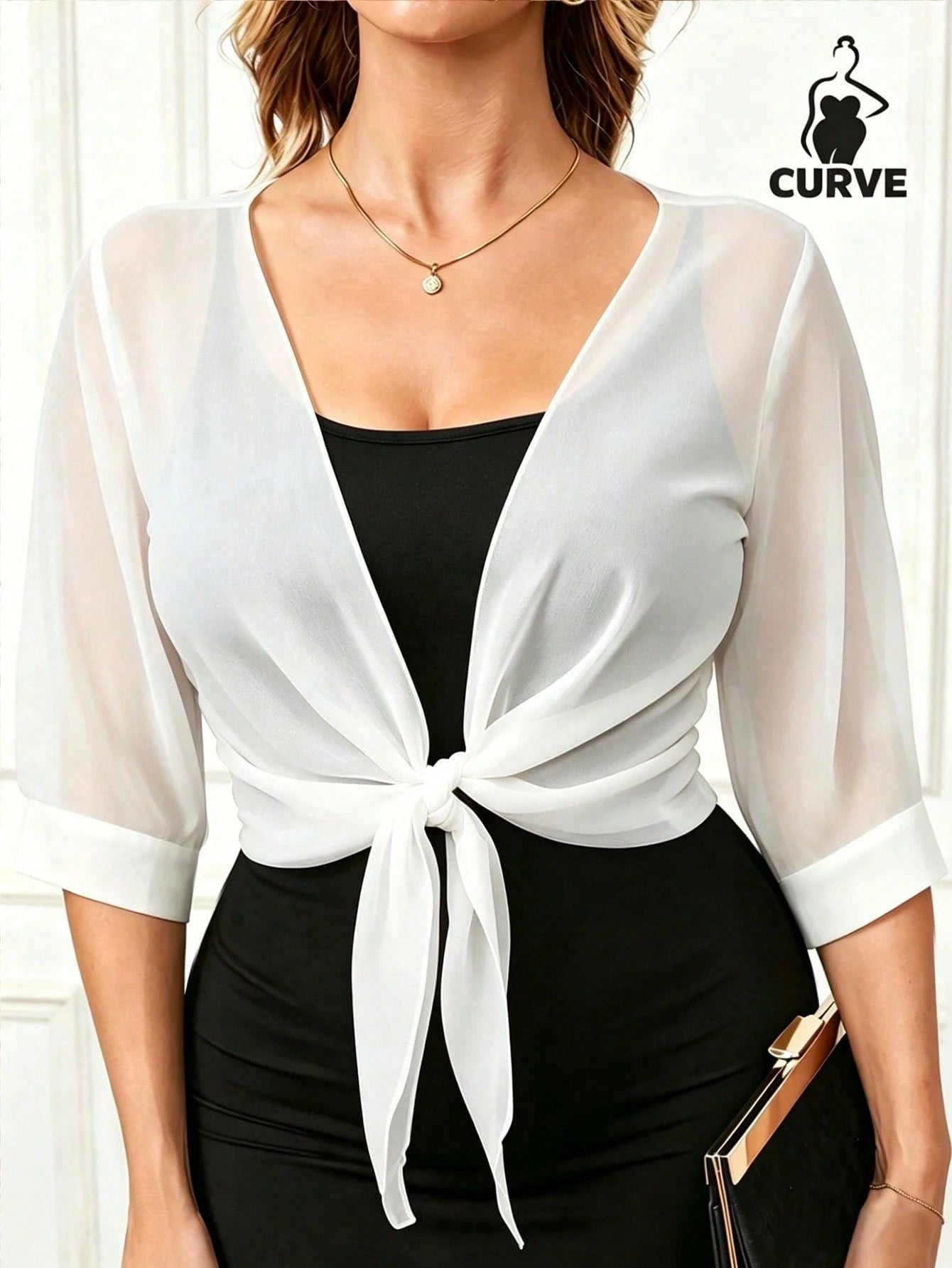 Plus Size Chiffon Tie Front Shirt, Women Summer Vacation Coverup, Sheer Casual Cover Up, Solid Color White