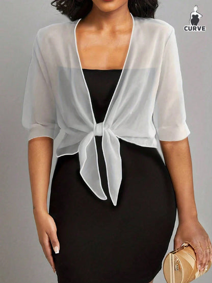 Plus Size Chiffon Tie Front Shirt, Women Summer Vacation Coverup, Sheer Casual Cover Up, Solid Color White