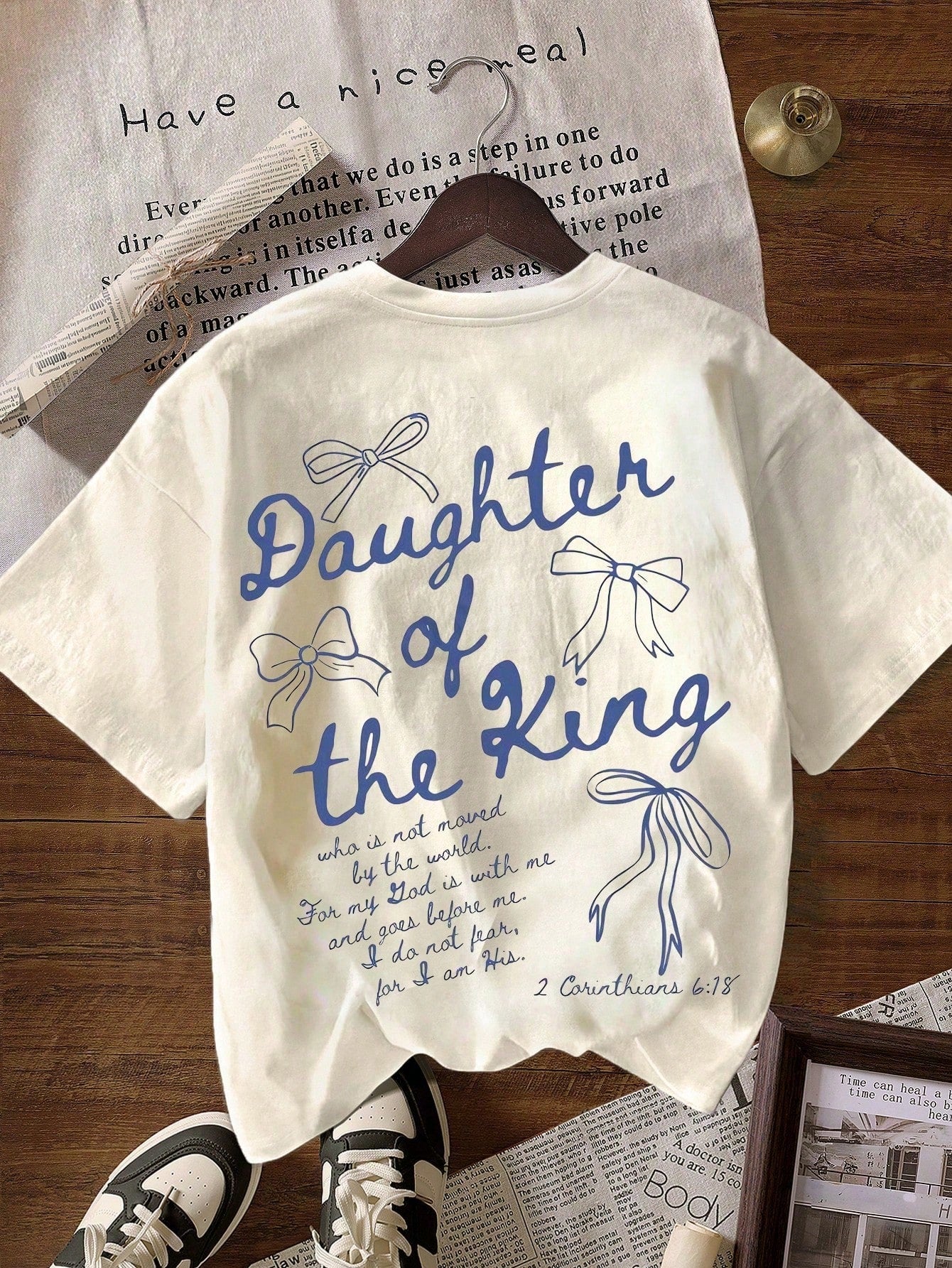 Plus Size Daughter Of The King Graphic Tee, Bible Verse Aesthetic Women's Faith Apparel Words On Back Girl Gift, Graphic Tees Women Summer Casual