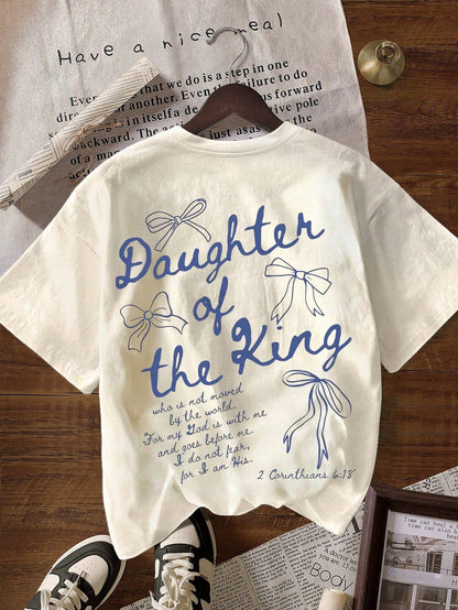 Plus Size Daughter Of The King Graphic Tee, Bible Verse Aesthetic Women's Faith Apparel Words On Back Girl Gift, Graphic Tees Women Summer Casual