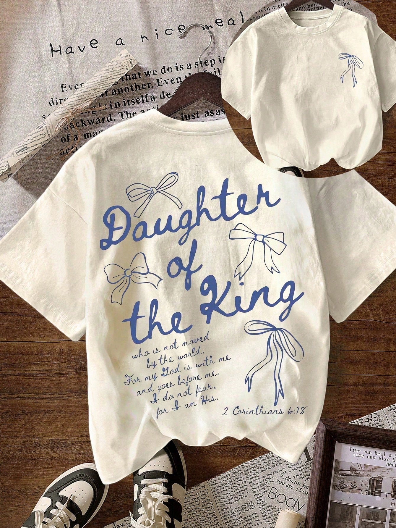 Plus Size Daughter Of The King Graphic Tee, Bible Verse Aesthetic Women's Faith Apparel Words On Back Girl Gift, Graphic Tees Women Summer Casual