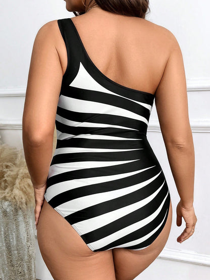 Plus Size One-Piece Contrast Color Striped Print Swimsuit Curve Swimsuitplus Swimsuitsexy One Piece Swimsuitwomen Swimsuit Summer
