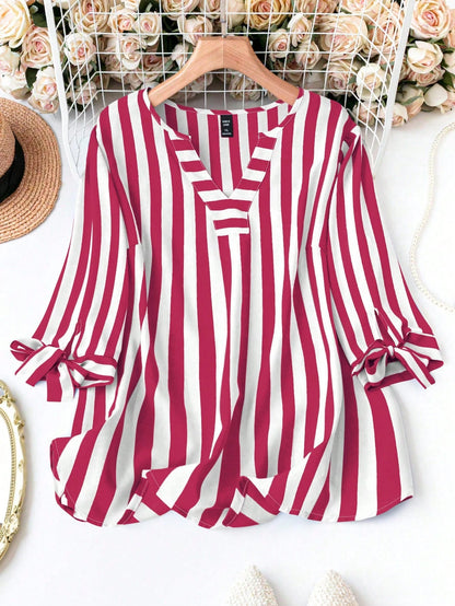 Plus Size Striped Notched Collar Casual Shirt Fall