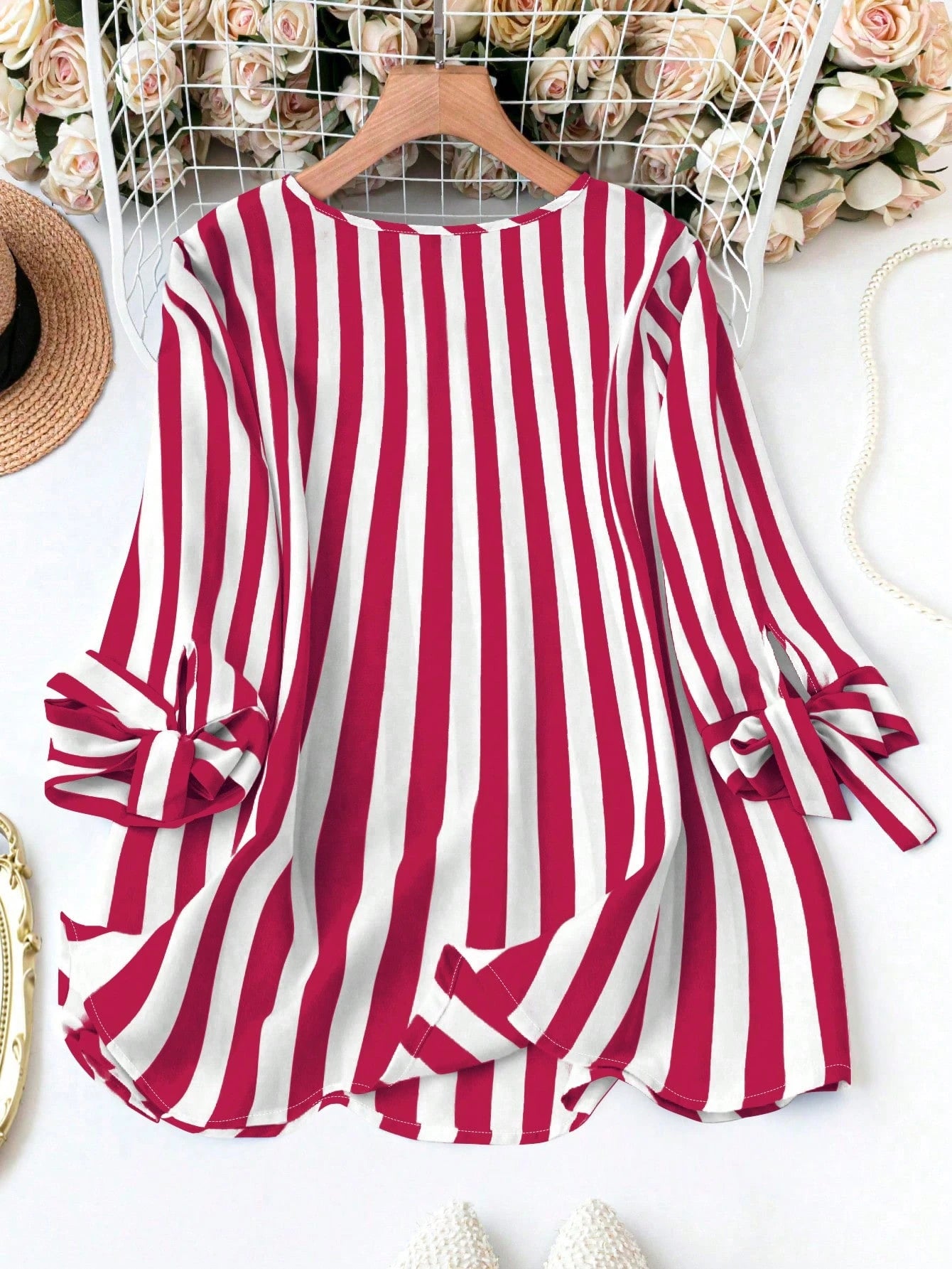 Plus Size Striped Notched Collar Casual Shirt Fall