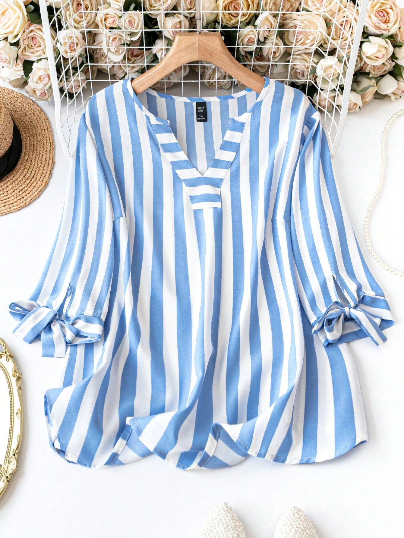 Plus Size Striped Notched Collar Casual Shirt Fall