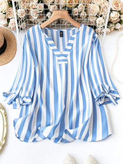 Plus Size Striped Notched Collar Casual Shirt Fall