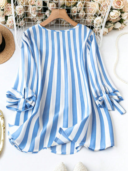Plus Size Striped Notched Collar Casual Shirt Fall