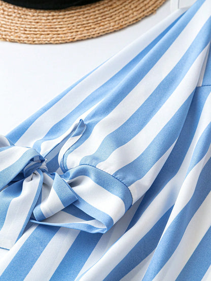 Plus Size Striped Notched Collar Casual Shirt Fall