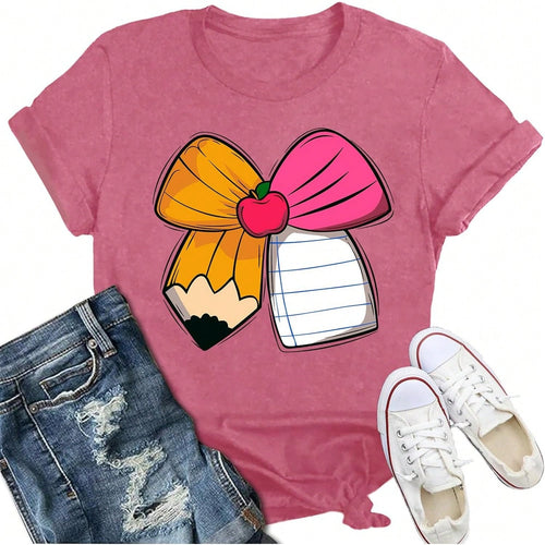Plus Size Teacher Shirts For Women Cute Bow Pencil Teacher T-Shirt Back To School Teaching Life Tee, 100% Cotton Top & Back To School