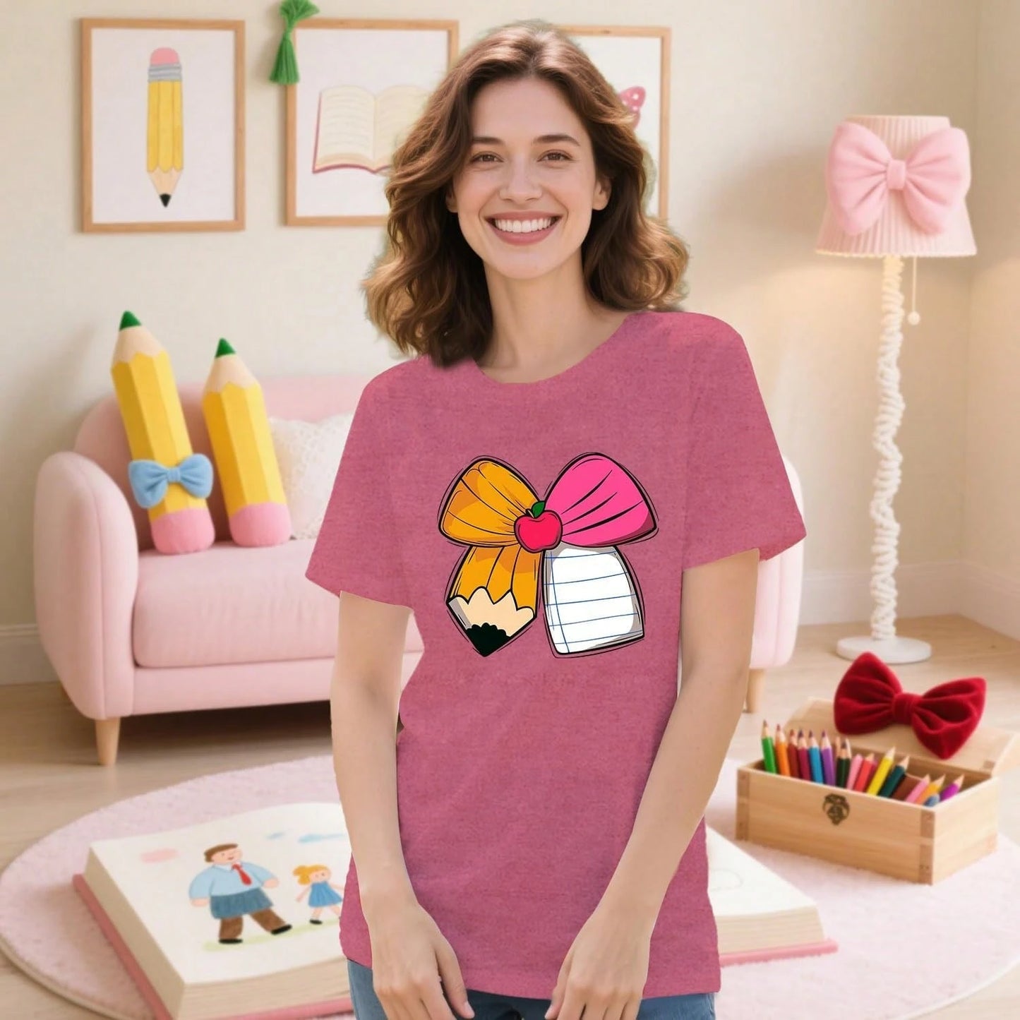 Plus Size Teacher Shirts For Women Cute Bow Pencil Teacher T-Shirt Back To School Teaching Life Tee, 100% Cotton Top & Back To School