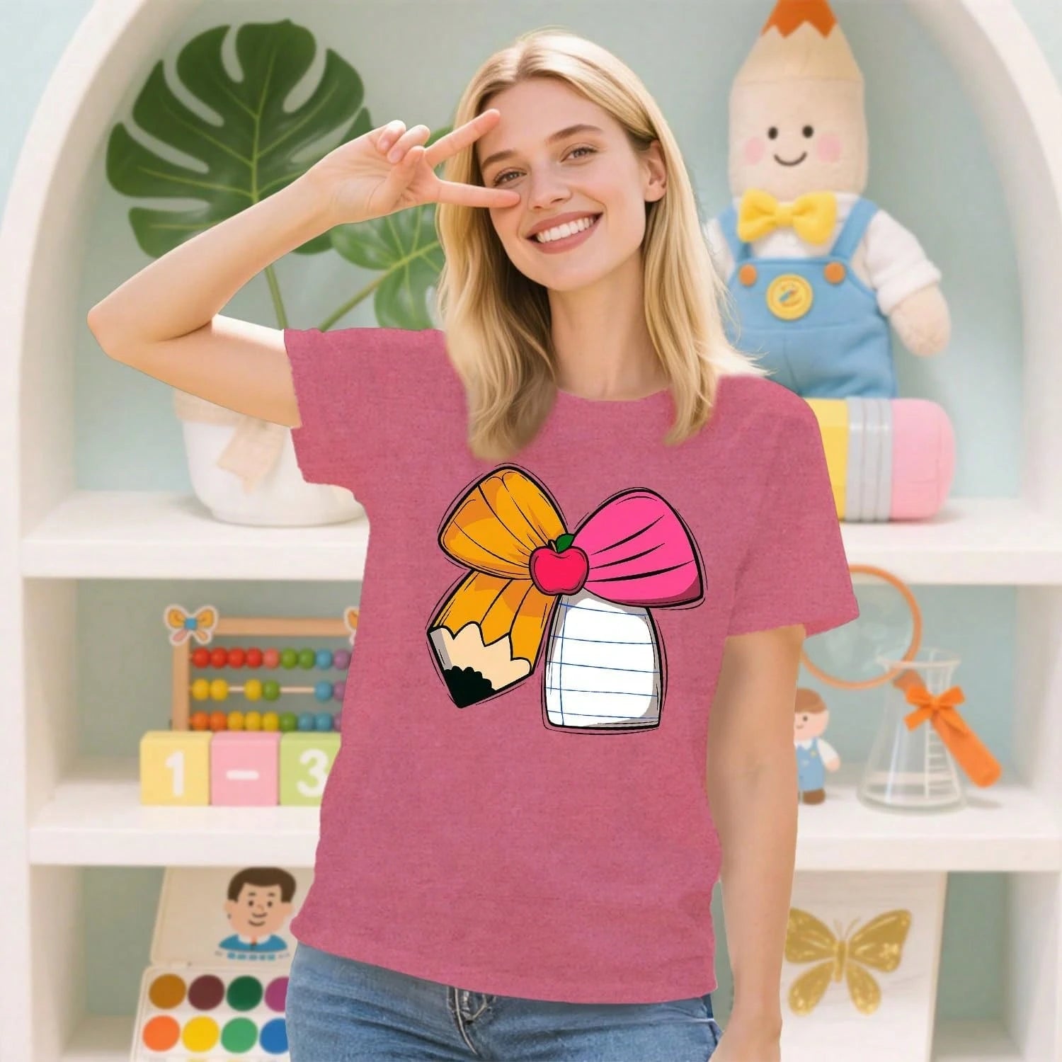 Plus Size Teacher Shirts For Women Cute Bow Pencil Teacher T-Shirt Back To School Teaching Life Tee, 100% Cotton Top & Back To School
