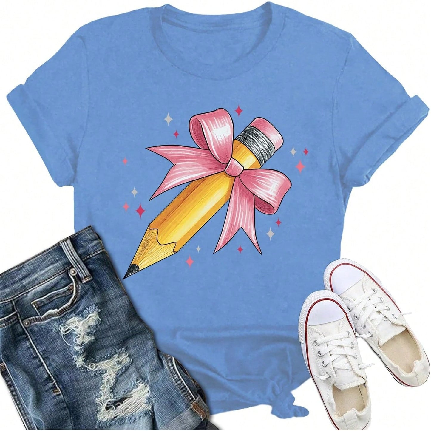 Plus Size Teacher Shirts For Women Cute Bow Pencil Teacher T-Shirt Back To School Teaching Life Tee, 100% Cotton Top & Back To School