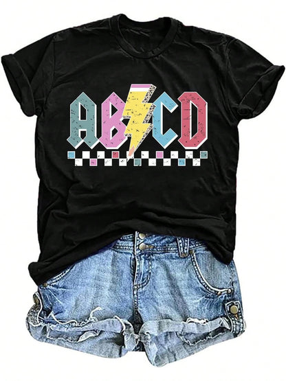 Plus Size Teacher Shirts Women ABCD Teacher Tshirt Teacher Life Shirt Tees Teacher Gifts Casual Teach Tops Women Size L-3XL 4XL 5XL