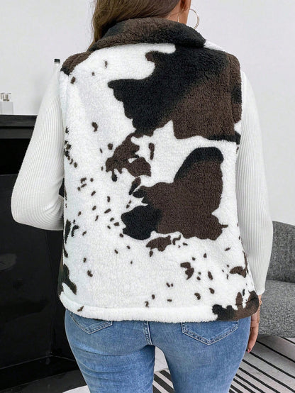 Plus Size Women Autumn/Winter Contrast Color Zipper Front Casual Fleece Vest Jacket