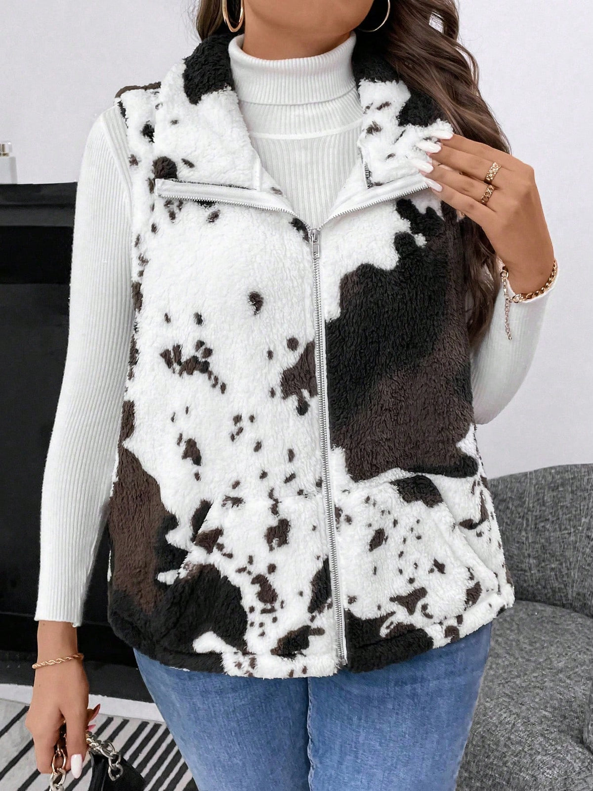 Plus Size Women Autumn/Winter Contrast Color Zipper Front Casual Fleece Vest Jacket