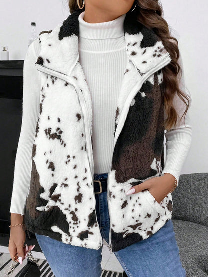 Plus Size Women Autumn/Winter Contrast Color Zipper Front Casual Fleece Vest Jacket