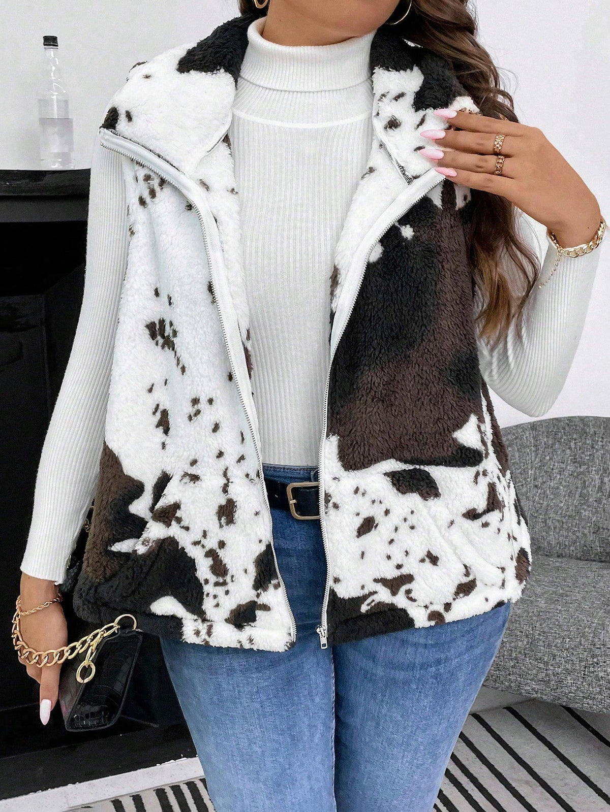 Plus Size Women Autumn/Winter Contrast Color Zipper Front Casual Fleece Vest Jacket