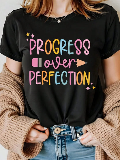 Plus Size Women Casual Crew Neck T-Shirt With Progress Over Perfection Graphic Regular Length All-Season Fashion Size L-3XL 4XL 5XL