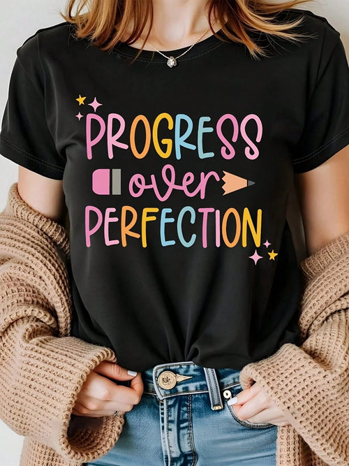 Plus Size Women Casual Crew Neck T-Shirt With Progress Over Perfection Graphic Regular Length All-Season Fashion Size L-3XL 4XL 5XL