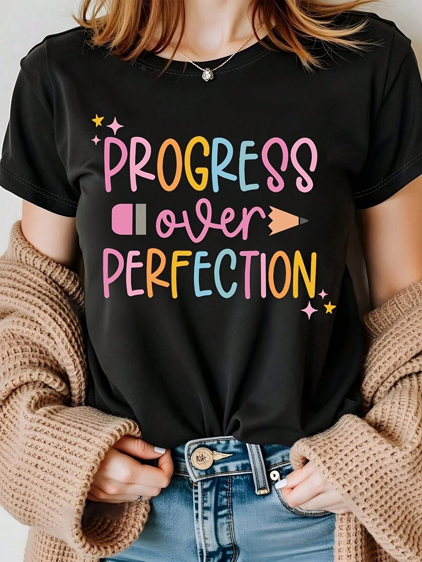 Plus Size Women Casual Crew Neck T-Shirt With Progress Over Perfection Graphic Regular Length All-Season Fashion Size L-3XL 4XL 5XL