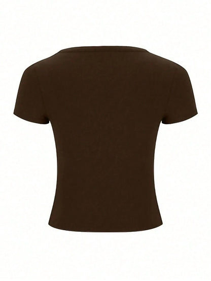 Plus Size Women Deep V Neck Short Sleeve Fitted Coffee Brown T-Shirt