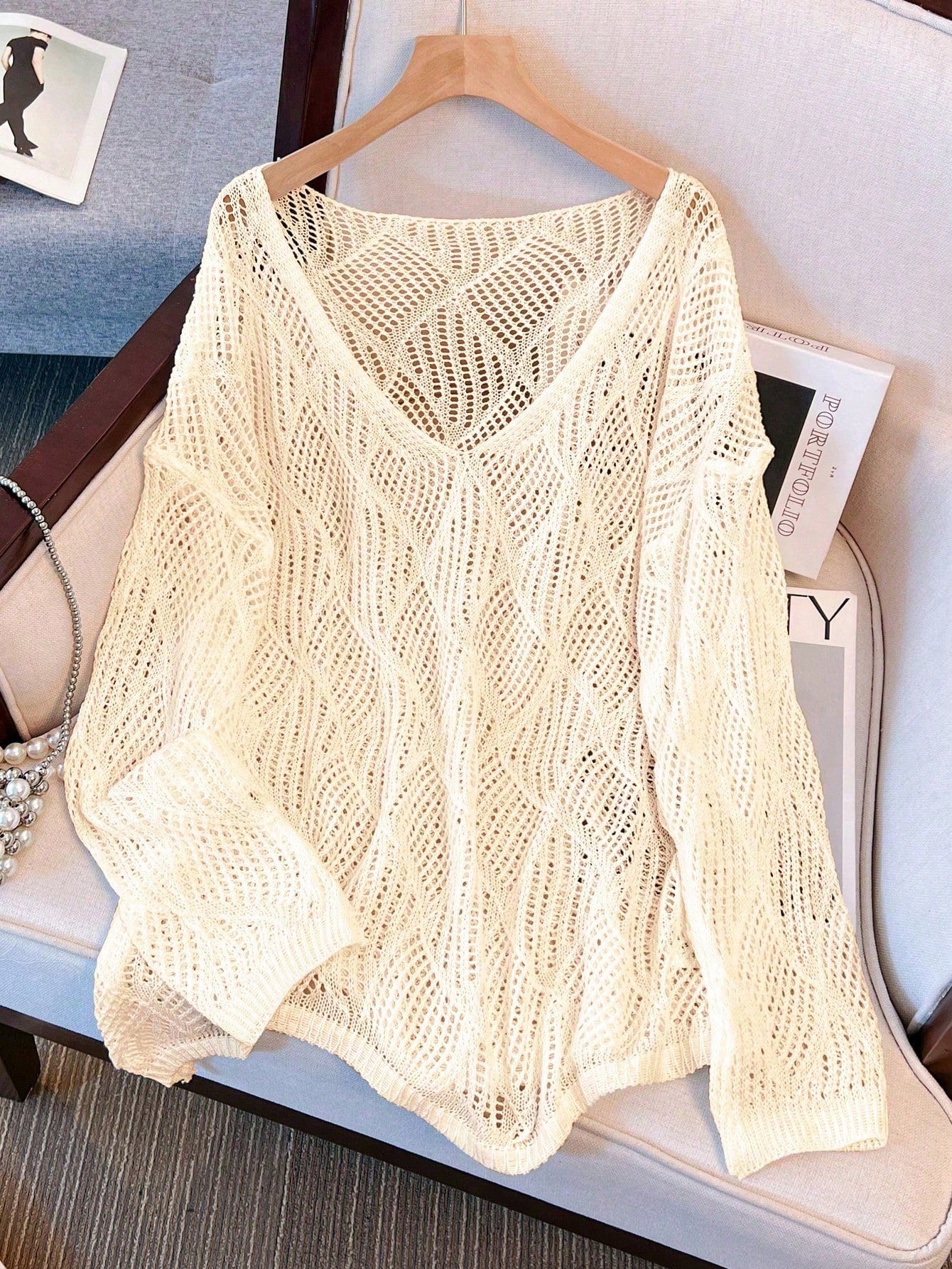 Plus Size Women Loose Knit Cover Up, V-Neck Hollow Rhombus Design, Lightweight Breathable Cover Up For Beach & Holiday Vacation Summer