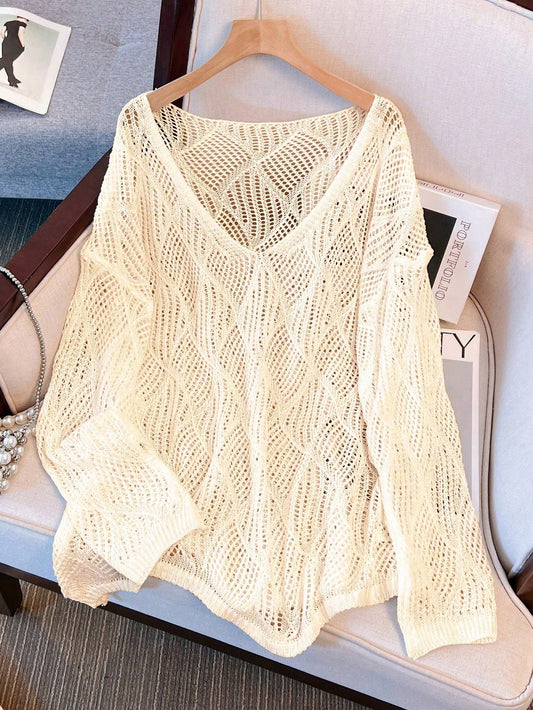 Plus Size Women Loose Knit Cover Up, V-Neck Hollow Rhombus Design, Lightweight Breathable Cover Up For Beach & Holiday Vacation Summer
