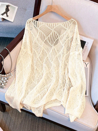 Plus Size Women Loose Knit Cover Up, V-Neck Hollow Rhombus Design, Lightweight Breathable Cover Up For Beach & Holiday Vacation Summer
