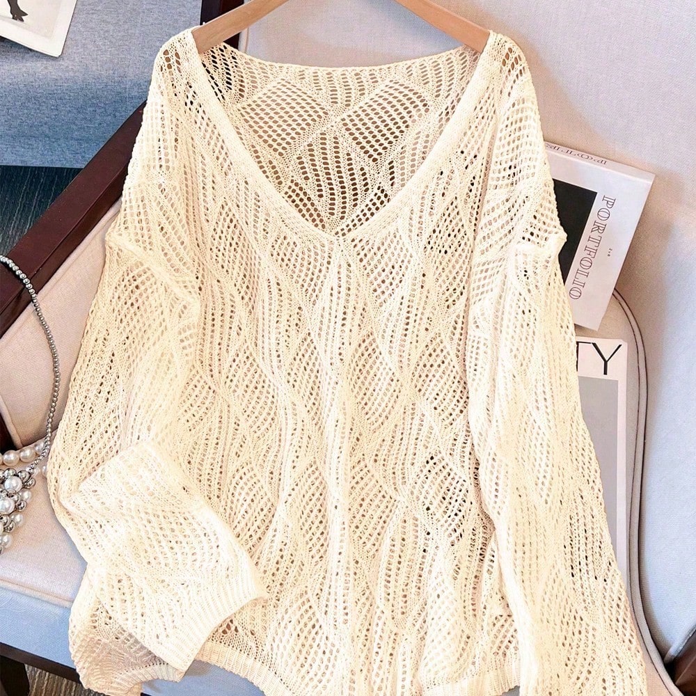 Plus Size Women Loose Knit Cover Up, V-Neck Hollow Rhombus Design, Lightweight Breathable Cover Up For Beach & Holiday Vacation Summer