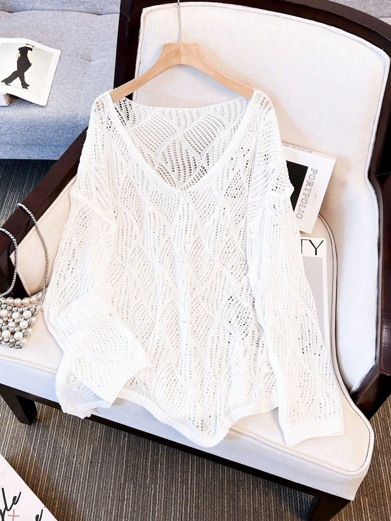 Plus Size Women Loose Knit Cover Up, V-Neck Hollow Rhombus Design, Lightweight Breathable Cover Up For Beach & Holiday Vacation Summer