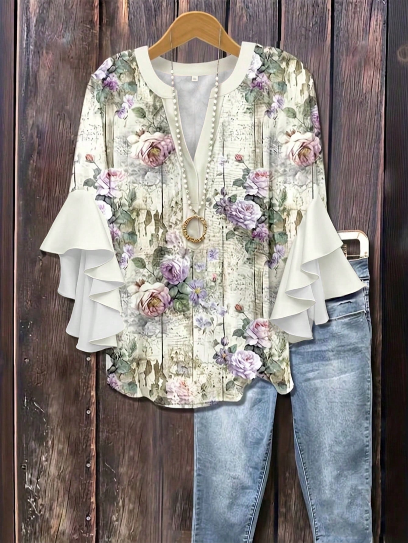 Plus Size Women Notched Collar Ruffle Trim Floral Print Blouse With 3/4 Sleeves Vacation, Boho Chic