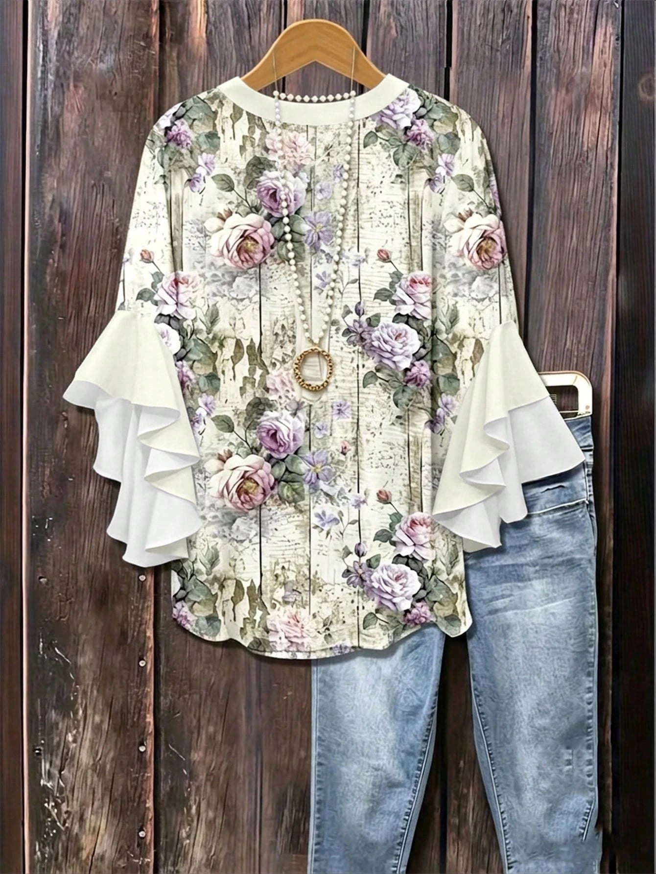 Plus Size Women Notched Collar Ruffle Trim Floral Print Blouse With 3/4 Sleeves Vacation, Boho Chic