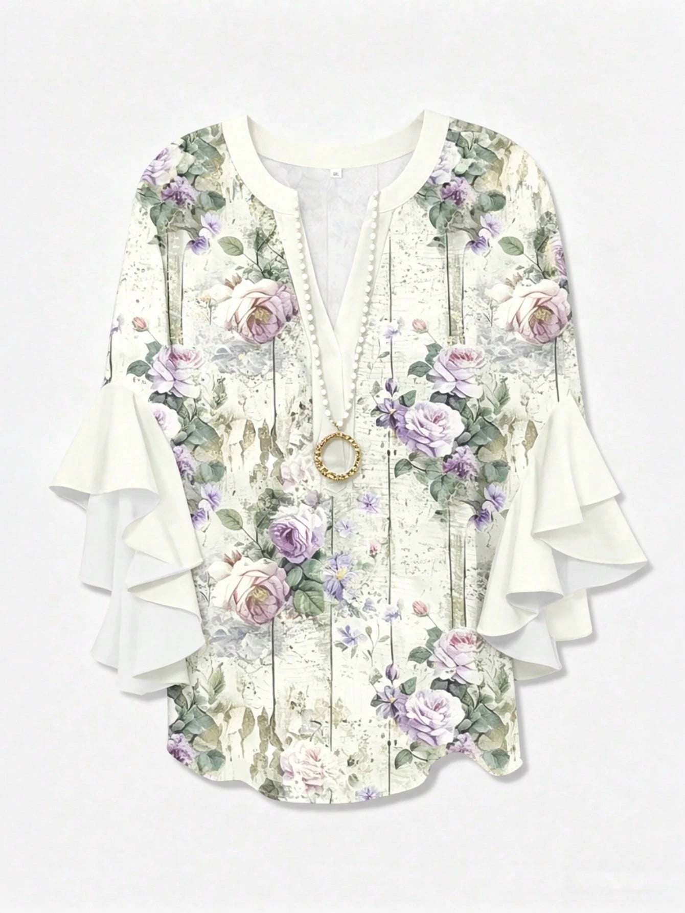 Plus Size Women Notched Collar Ruffle Trim Floral Print Blouse With 3/4 Sleeves Vacation, Boho Chic