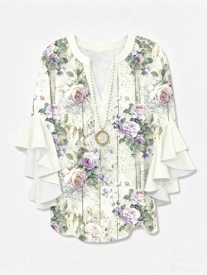 Plus Size Women Notched Collar Ruffle Trim Floral Print Blouse With 3/4 Sleeves Vacation, Boho Chic