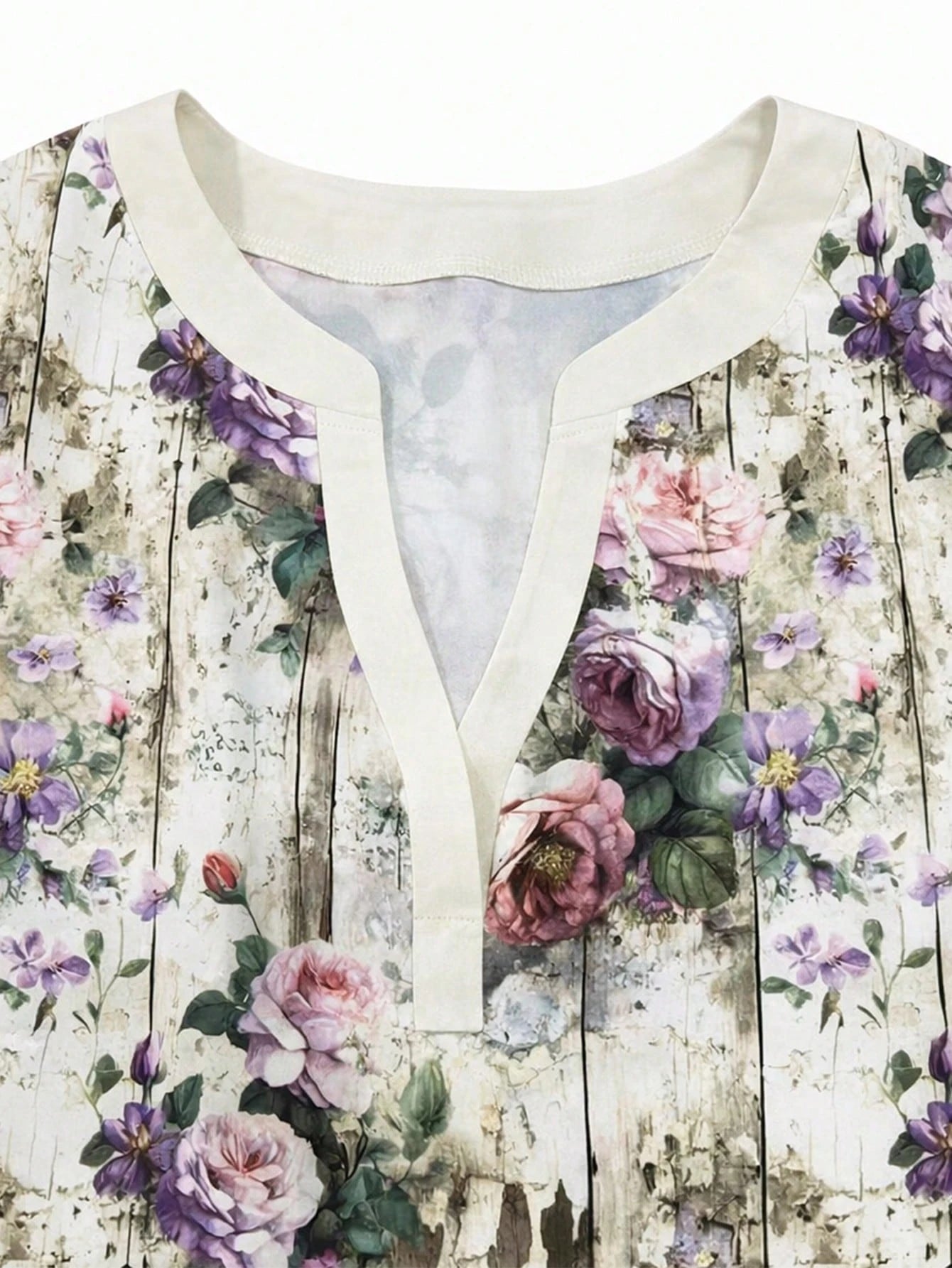 Plus Size Women Notched Collar Ruffle Trim Floral Print Blouse With 3/4 Sleeves Vacation, Boho Chic