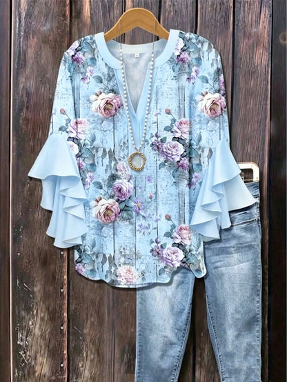 Plus Size Women Notched Collar Ruffle Trim Floral Print Blouse With 3/4 Sleeves Vacation, Boho Chic