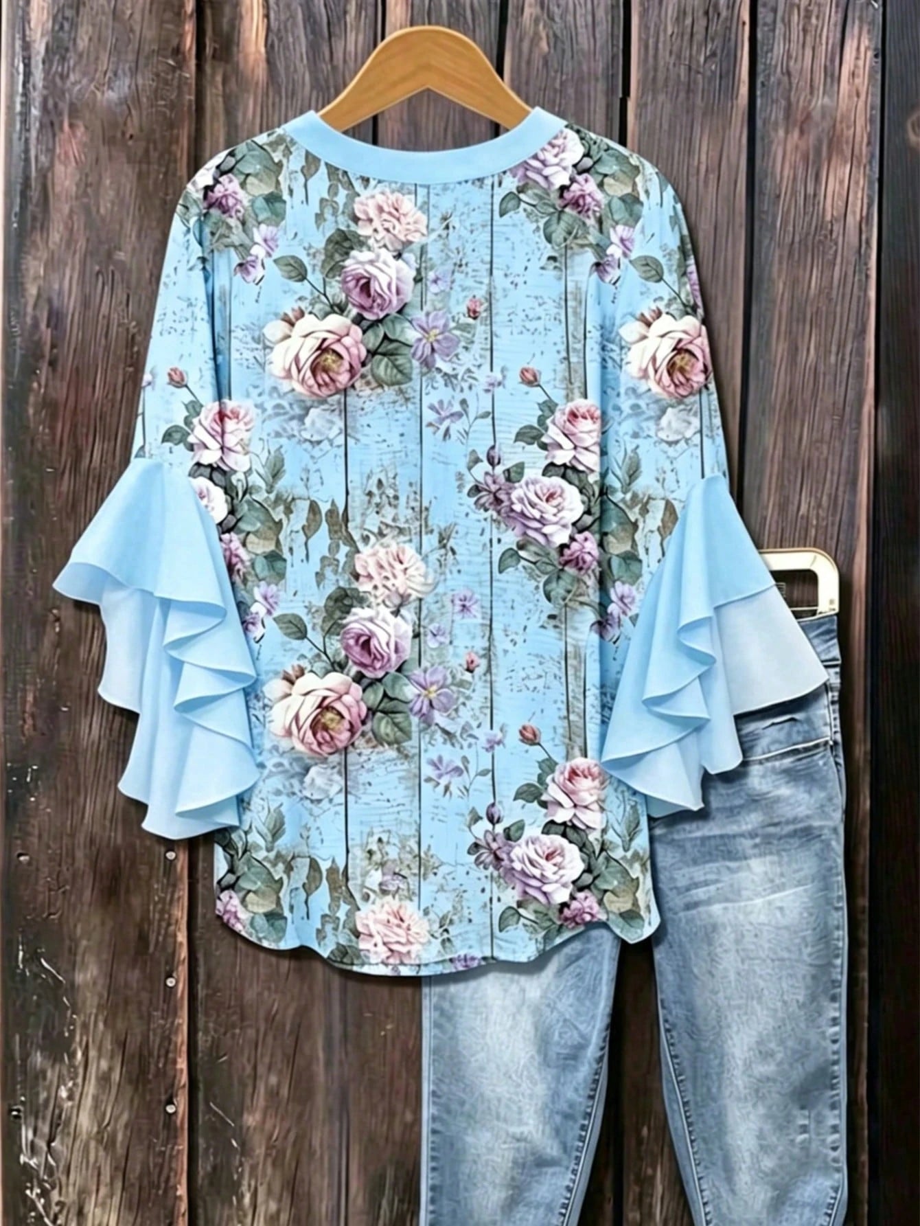Plus Size Women Notched Collar Ruffle Trim Floral Print Blouse With 3/4 Sleeves Vacation, Boho Chic