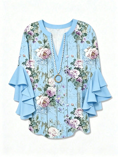 Plus Size Women Notched Collar Ruffle Trim Floral Print Blouse With 3/4 Sleeves Vacation, Boho Chic