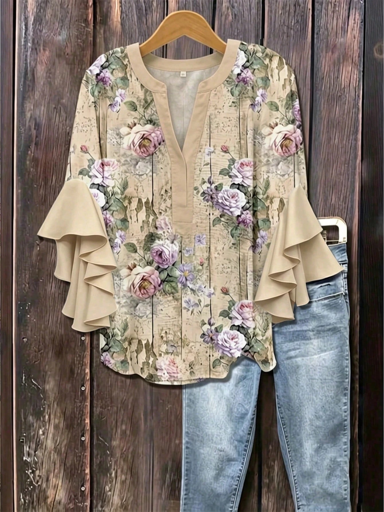 Plus Size Women Notched Collar Ruffle Trim Floral Print Blouse With 3/4 Sleeves Vacation, Boho Chic