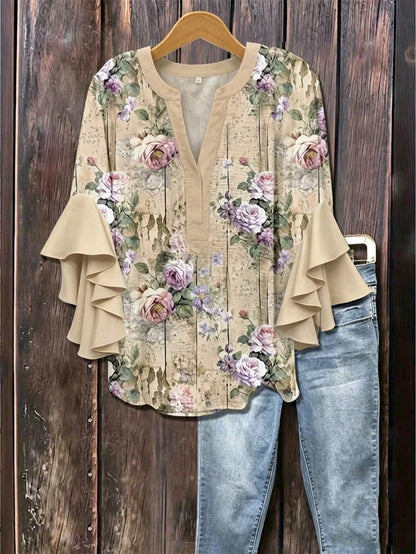 Plus Size Women Notched Collar Ruffle Trim Floral Print Blouse With 3/4 Sleeves Vacation, Boho Chic