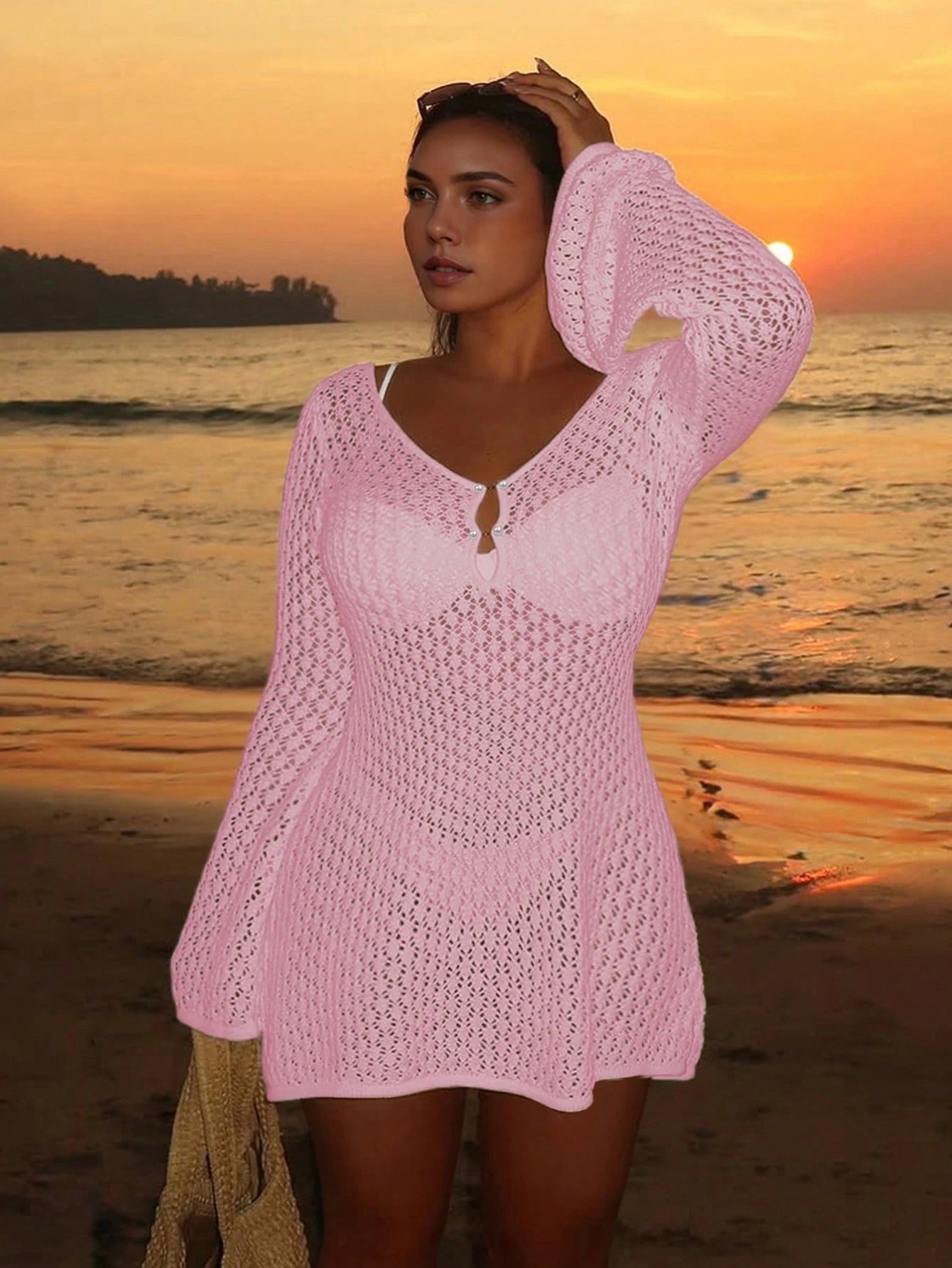Plus Size Women's Long Sleeve Hollow Crochet Cover-Up, Elegant Bohemian Beach Vacation Style, Summer Holiday Outfit Pink
