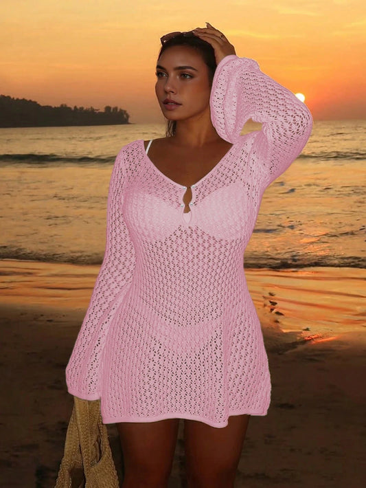 Plus Size Women's Long Sleeve Hollow Crochet Cover-Up, Elegant Bohemian Beach Vacation Style, Summer Holiday Outfit Pink