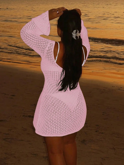 Plus Size Women's Long Sleeve Hollow Crochet Cover-Up, Elegant Bohemian Beach Vacation Style, Summer Holiday Outfit Pink