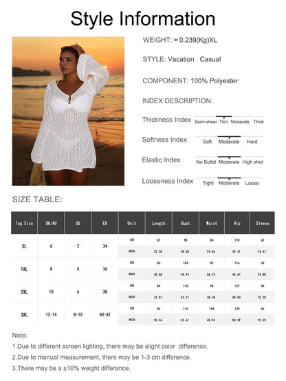 Plus Size Women's Long Sleeve Hollow Crochet Cover-Up, Elegant Bohemian Beach Vacation Style, Summer Holiday Outfit Pink