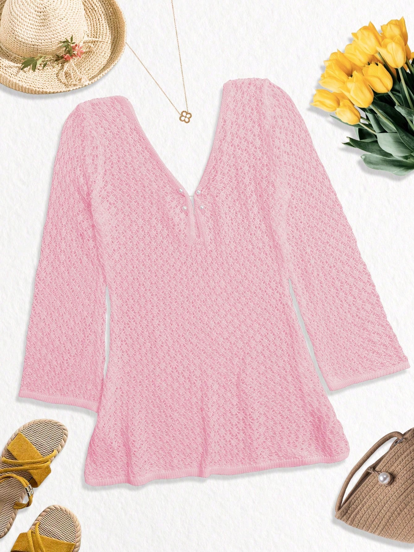 Plus Size Women's Long Sleeve Hollow Crochet Cover-Up, Elegant Bohemian Beach Vacation Style, Summer Holiday Outfit Pink