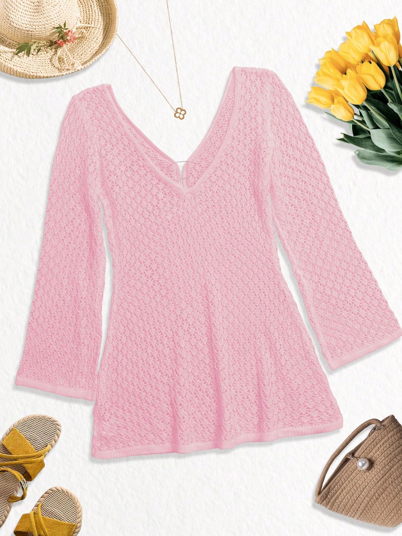 Plus Size Women's Long Sleeve Hollow Crochet Cover-Up, Elegant Bohemian Beach Vacation Style, Summer Holiday Outfit Pink