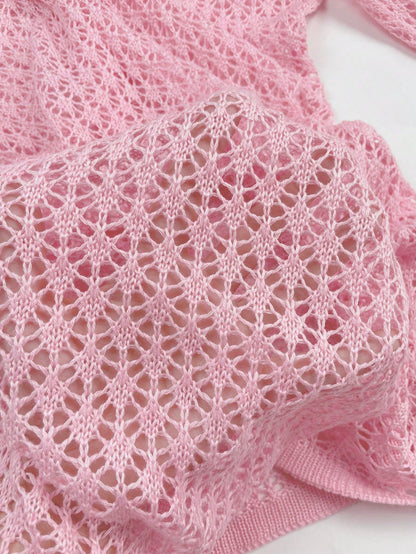 Plus Size Women's Long Sleeve Hollow Crochet Cover-Up, Elegant Bohemian Beach Vacation Style, Summer Holiday Outfit Pink