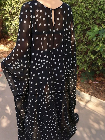 Plus Size Women's New Arrival Elegant Fashion Black Chiffon Polka Dot Blouse, Casual For All Seasons Vacation Summer