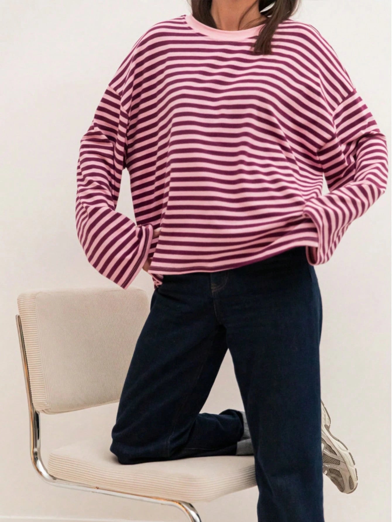 Plus Size Women's New Arrival Fashionable Elegant Striped Top, Suitable For Everyday Wear, Brunch, All Seasons Pink