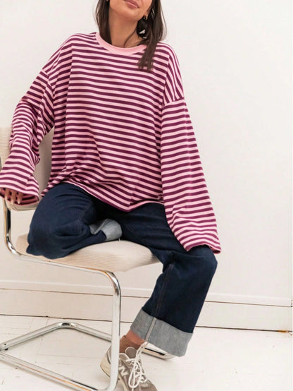 Plus Size Women's New Arrival Fashionable Elegant Striped Top, Suitable For Everyday Wear, Brunch, All Seasons Pink